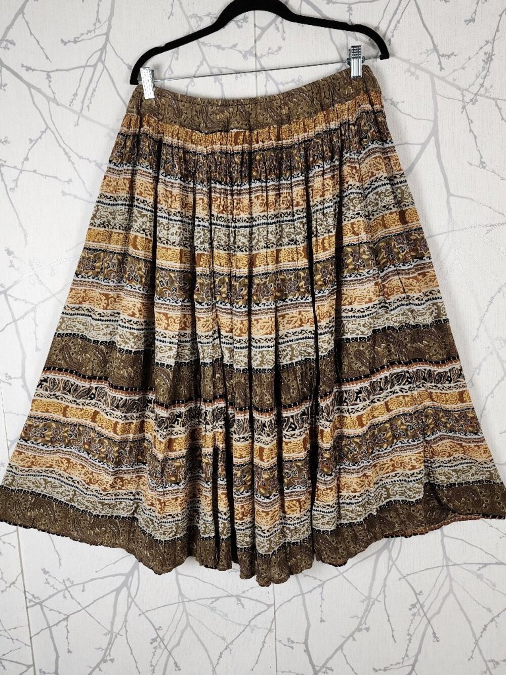 Ethnic Paisley Stripe Crinkle Elastic Waist Flowy Midi Skirt